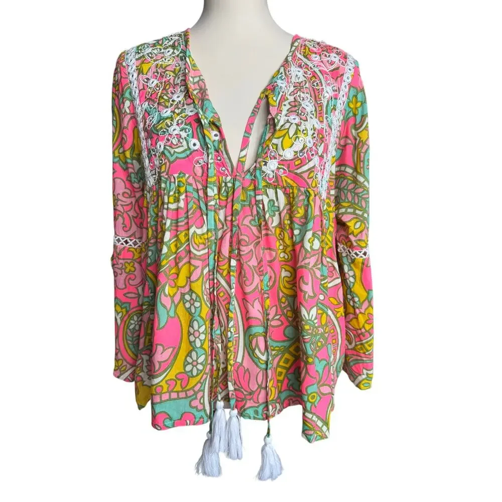 Miss June Paris Pink Boho Embroidered Tassel Peasant Tunic Top Rayon Medium - Picture 2 of 10